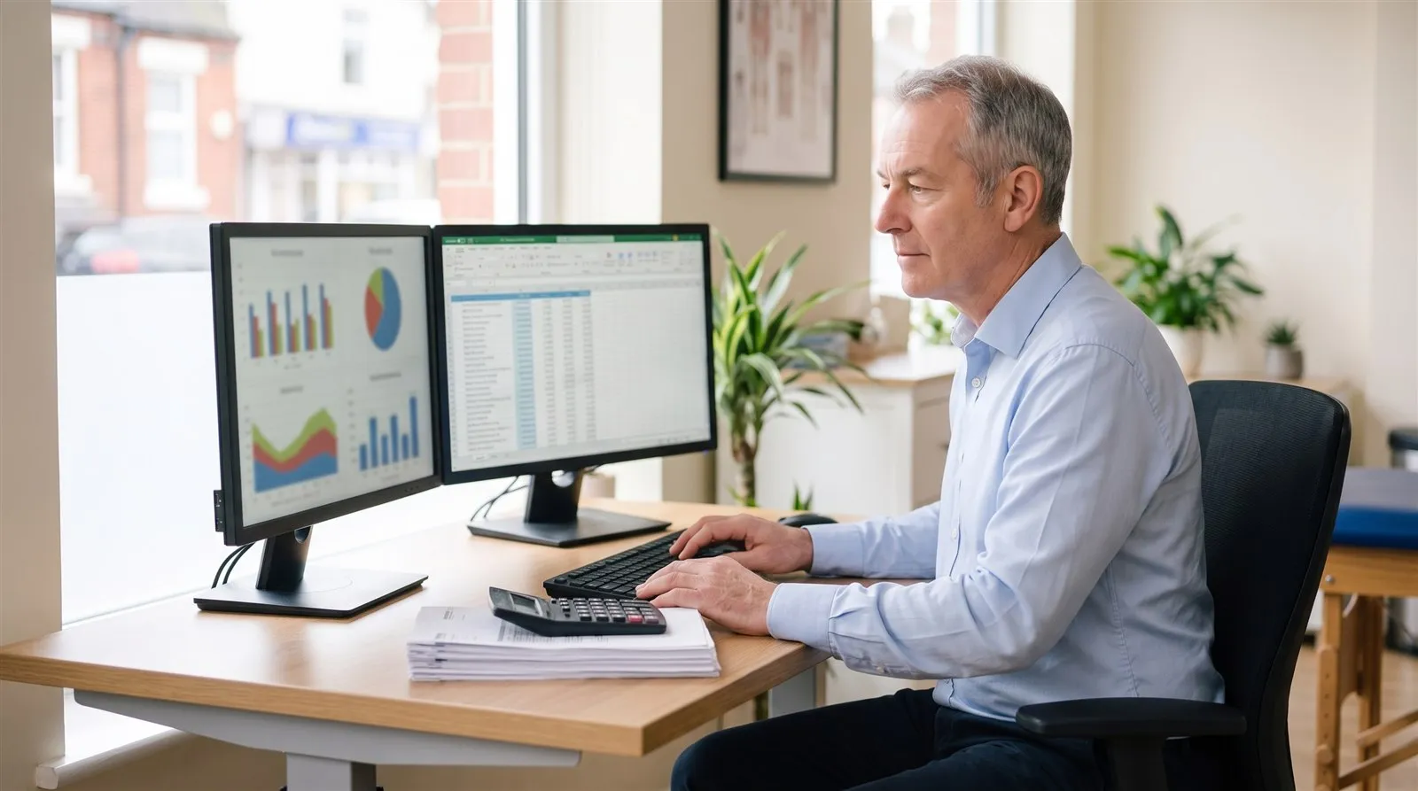 An accountant reviewing client figures and charts across two monitors