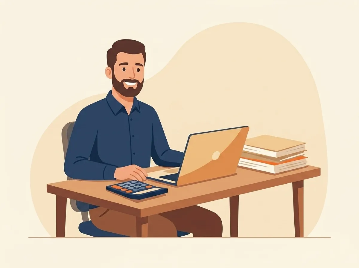 Friendly accountant at a tidy desk with a laptop, calculator and a neat stack of paperwork