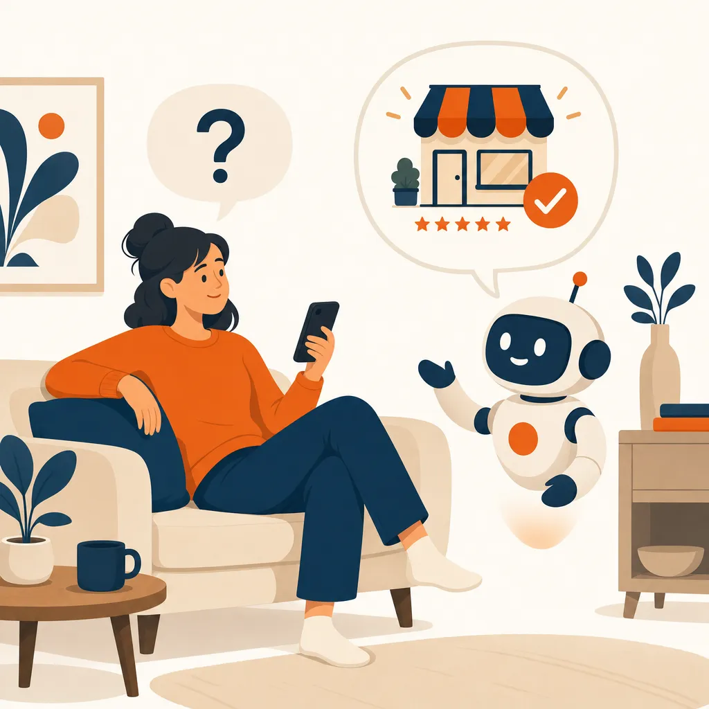 Customer asking an AI assistant for a recommendation and being shown a five-star local business