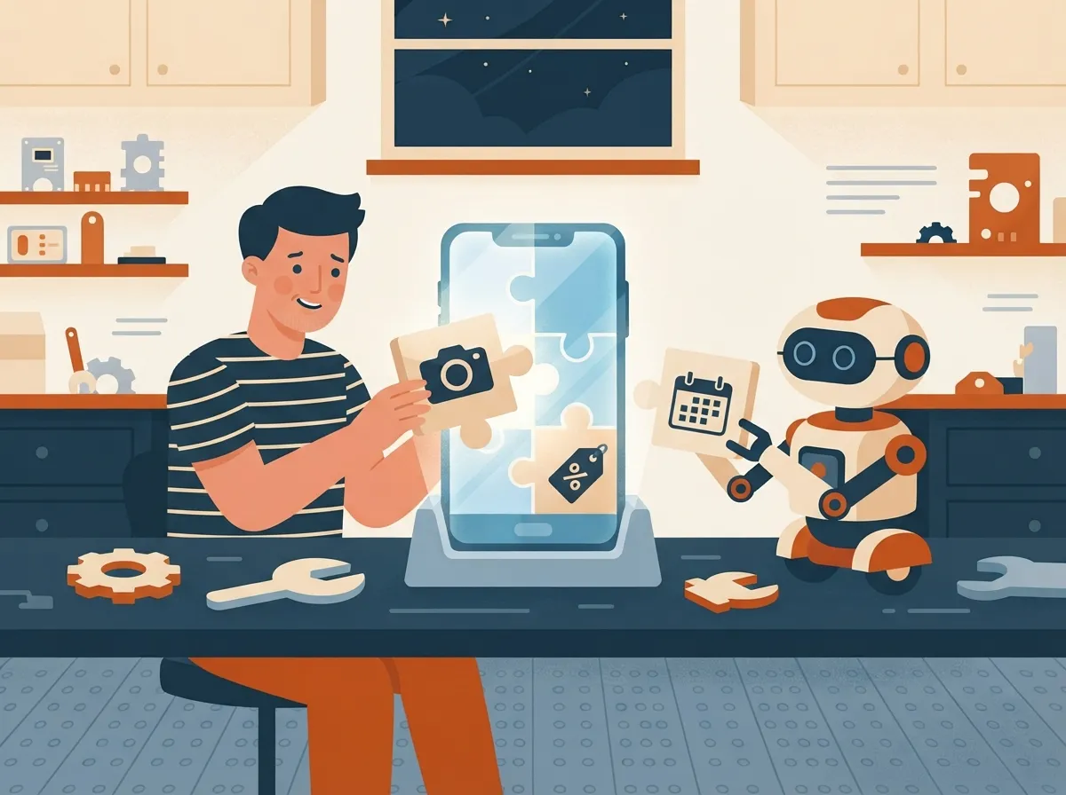 Custom business app being assembled on a laptop with smart AI features