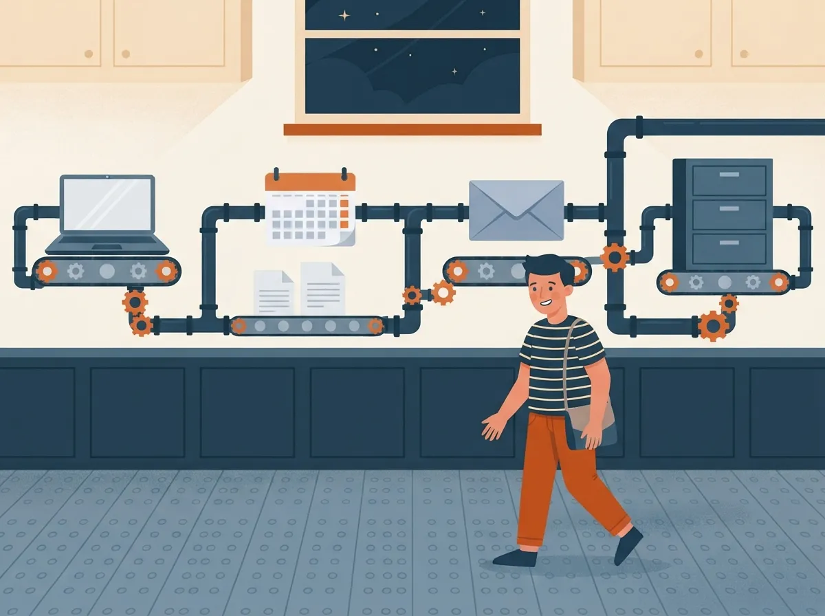 Paperwork flowing through connected machines while the business owner relaxes