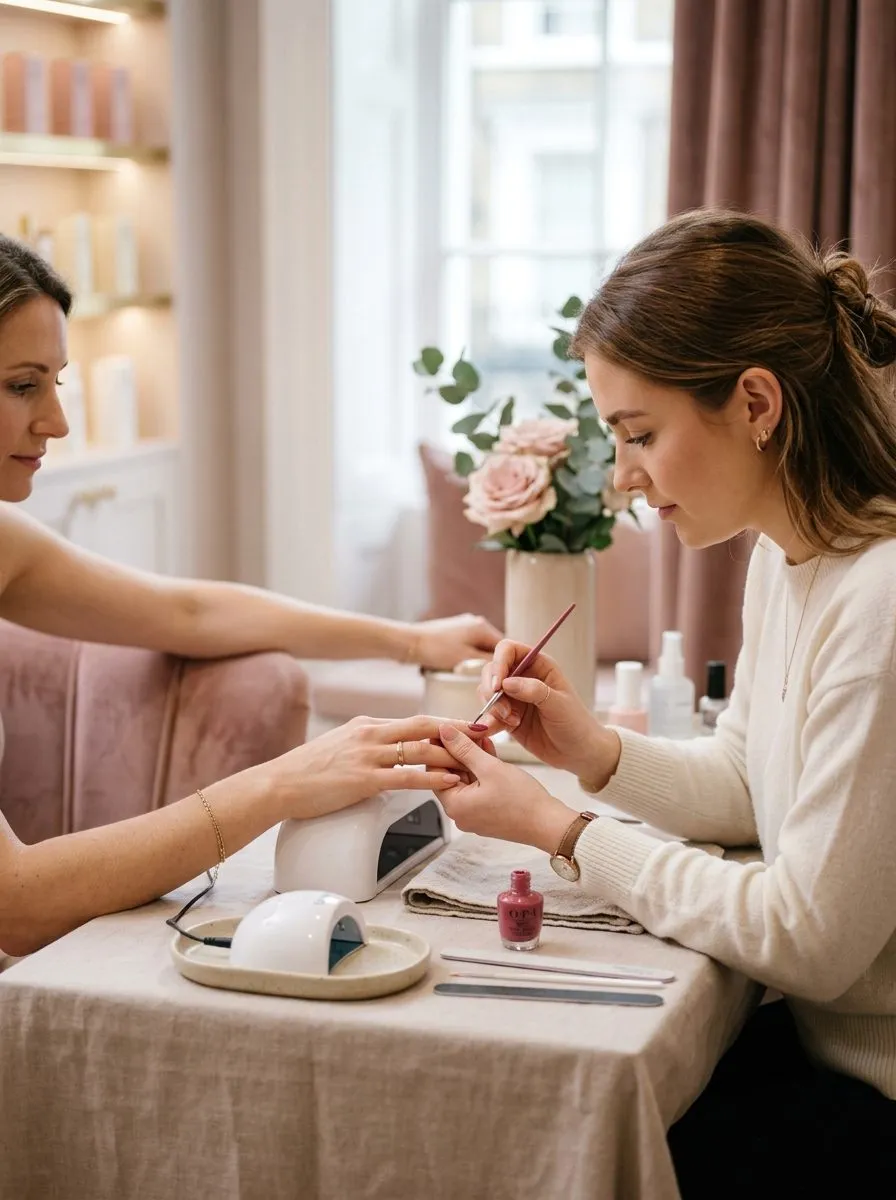 Nail technician steadying a client's hand while painting a fine line of polish