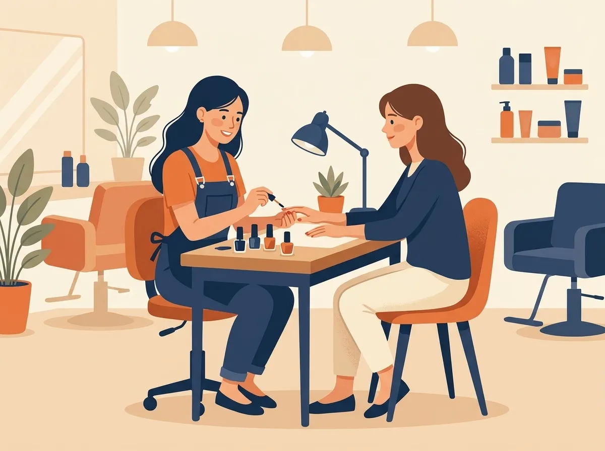 Friendly nail technician painting a client’s nails at a tidy salon table