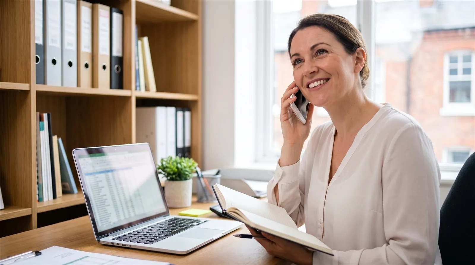 Sarah smiling while chatting to a client on the phone