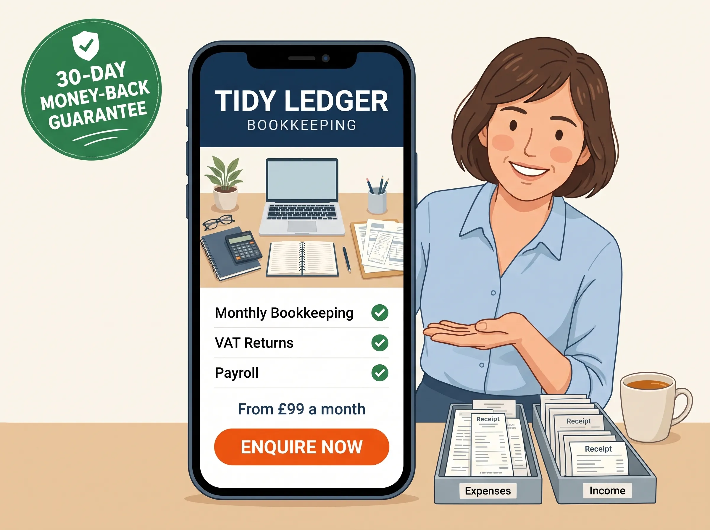 Friendly bookkeeper holding up a phone showing a new website with a big call button and a 30-day money-back guarantee badge