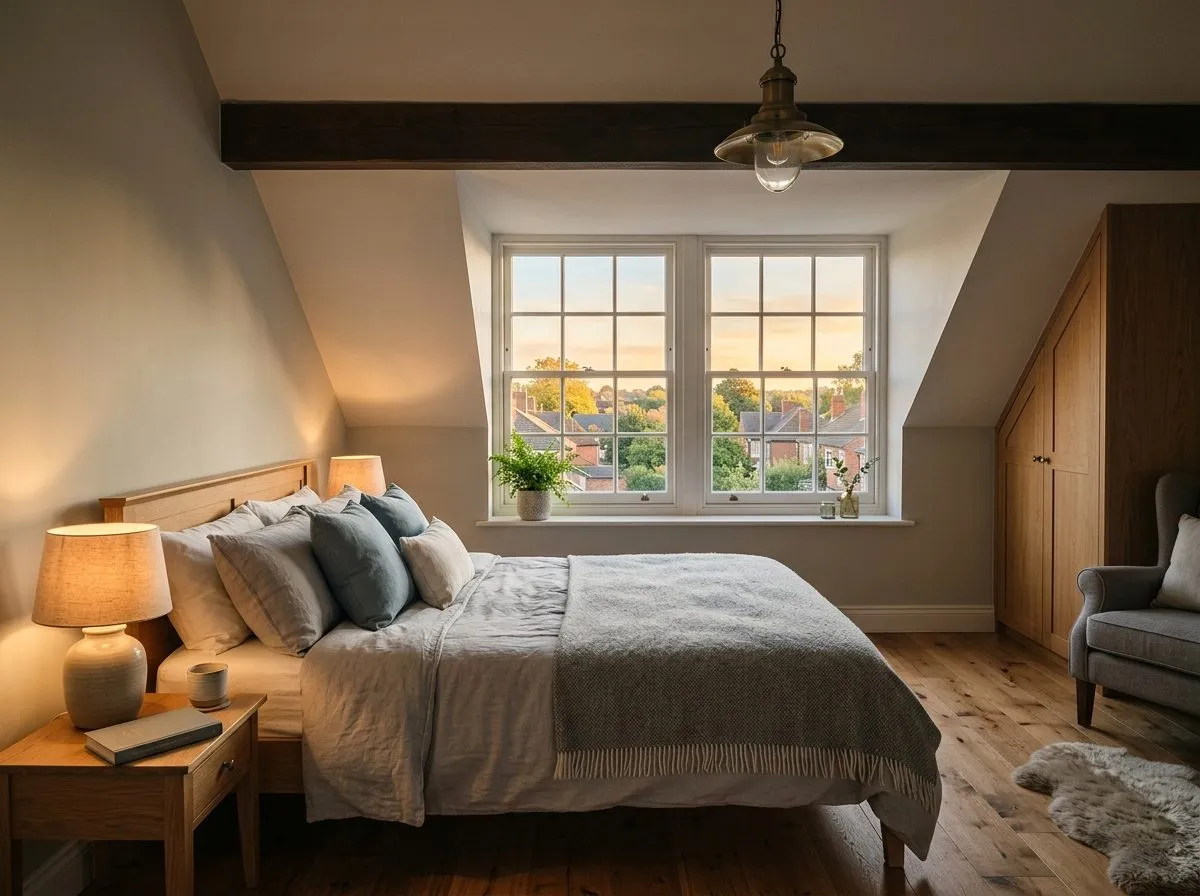 Master bedroom loft conversion with dormer window and oak flooring, Earlsdon