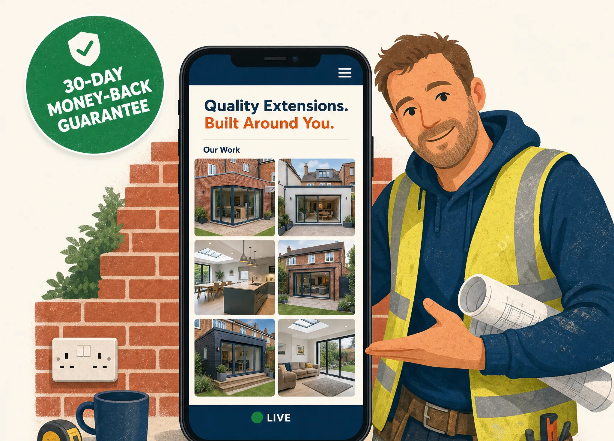 Friendly builder holding up a phone showing a new website with a big call button and a 30-day money-back guarantee badge