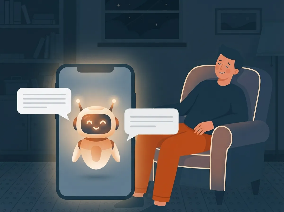 Friendly chatbot answering a customer on a phone at night while the business owner works