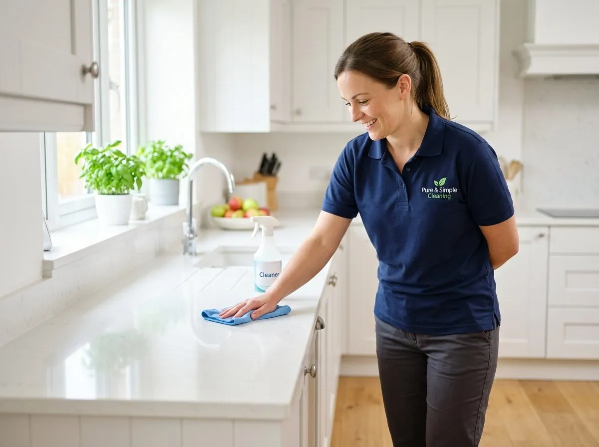 A uniformed Pure and Simple cleaner smiling while polishing a worktop