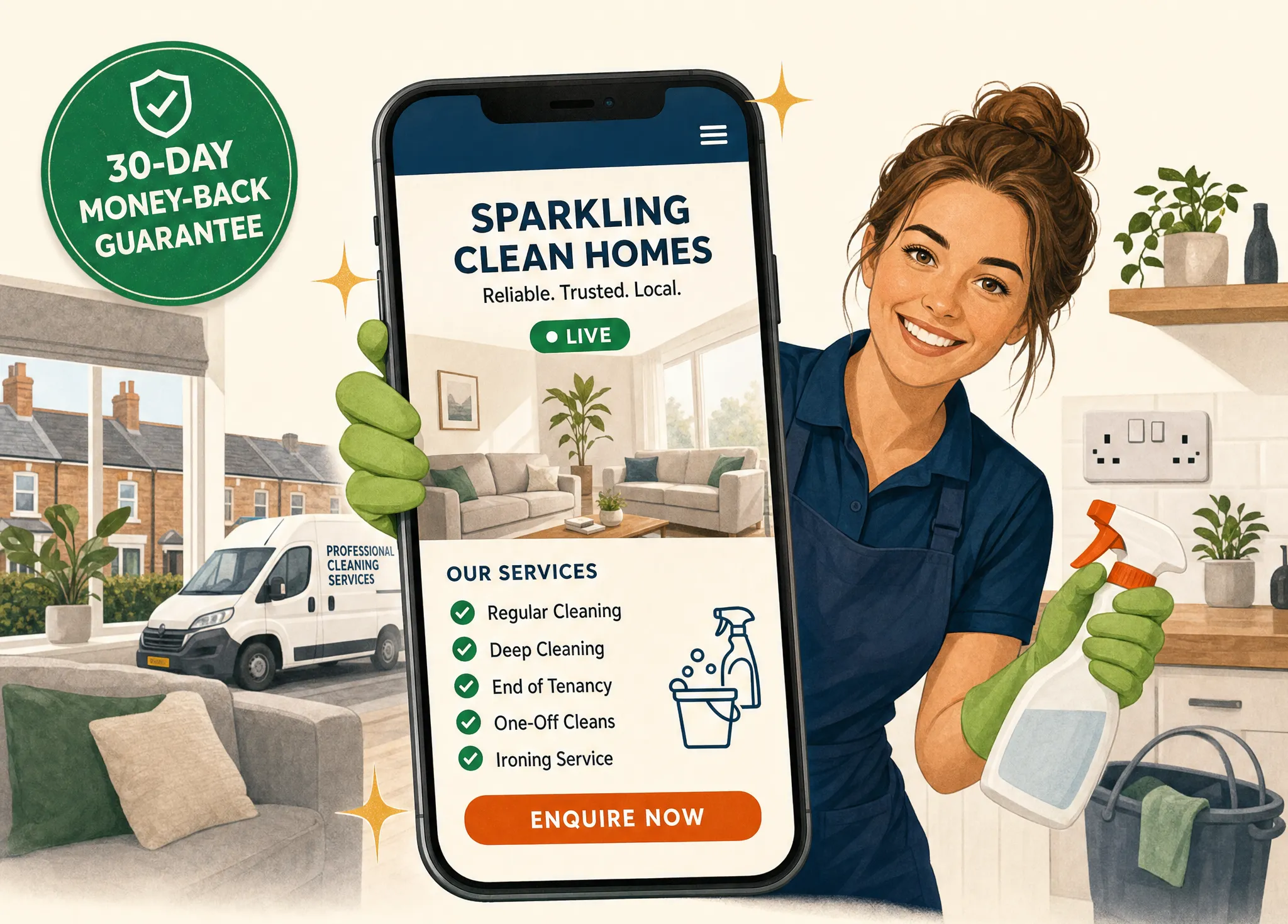 Friendly cleaning company holding up a phone showing a new website with a big call button and a 30-day money-back guarantee badge