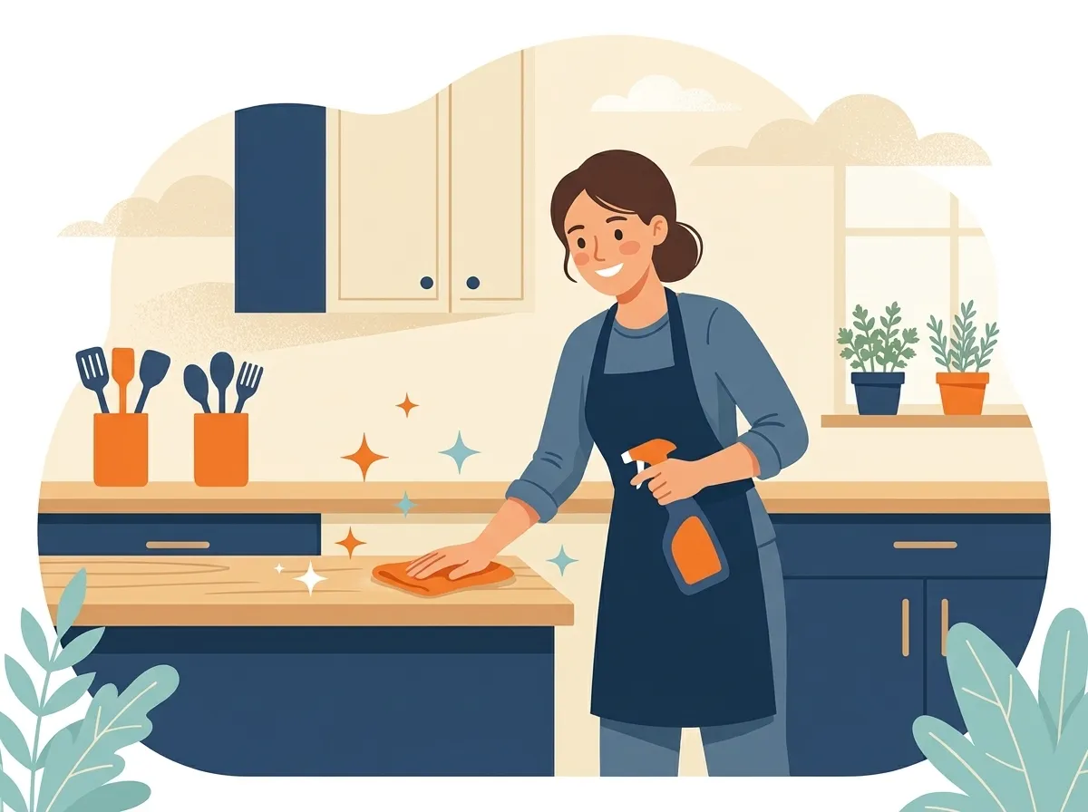 Cheerful professional cleaner polishing a sparkling kitchen counter