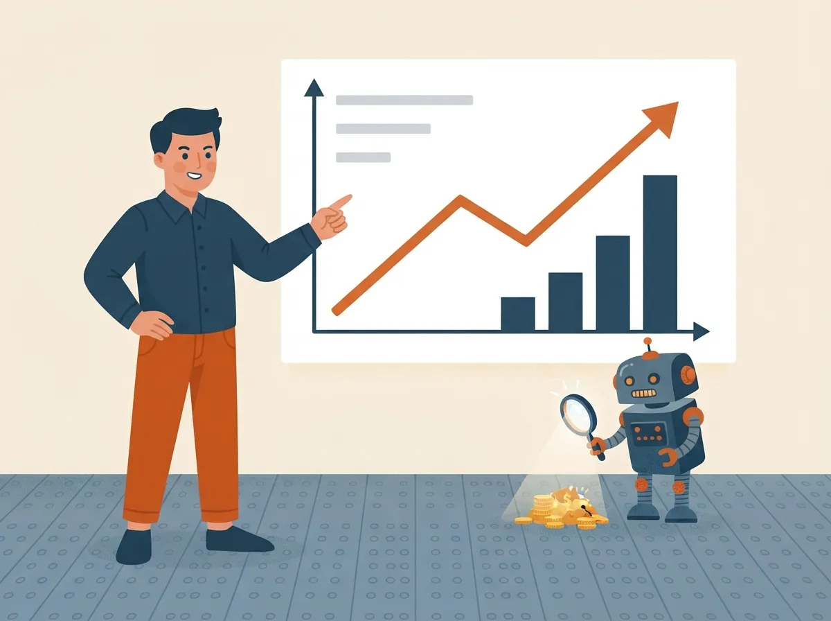 Owner pointing at a rising chart while a robot magnifier finds money hidden in the numbers