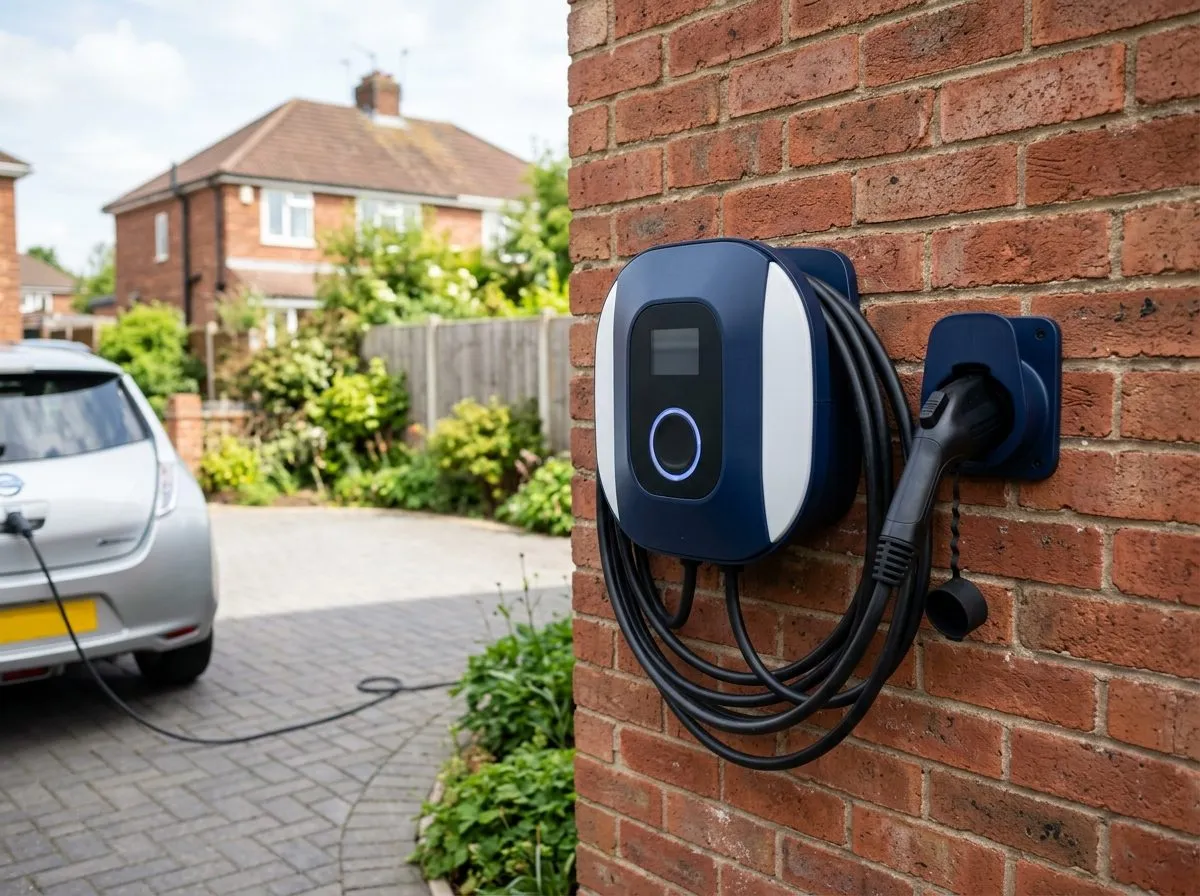 Wall mounted 7kW smart EV charger installed on a brick driveway wall in Coventry
