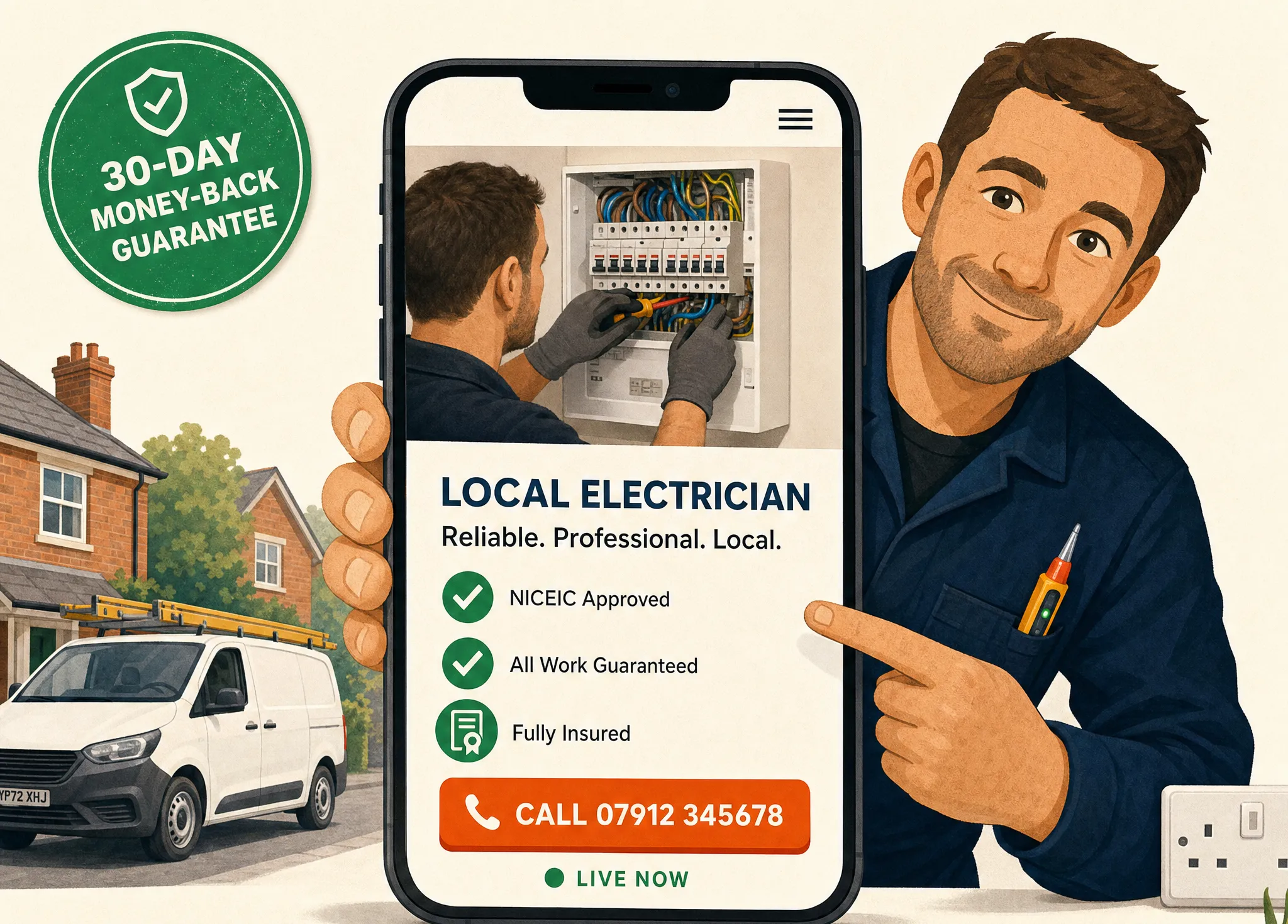 Friendly electrician holding up a phone showing a new website with a big call button and a 30-day money-back guarantee badge