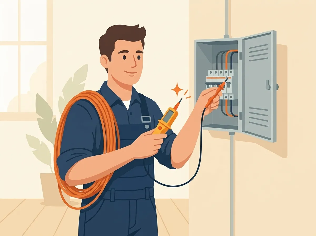 Friendly electrician testing a fuse box with a voltage tester