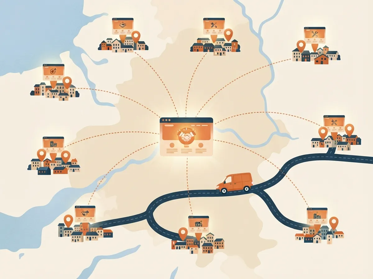 One website fanning out into dedicated pages pinned on every town across a local map