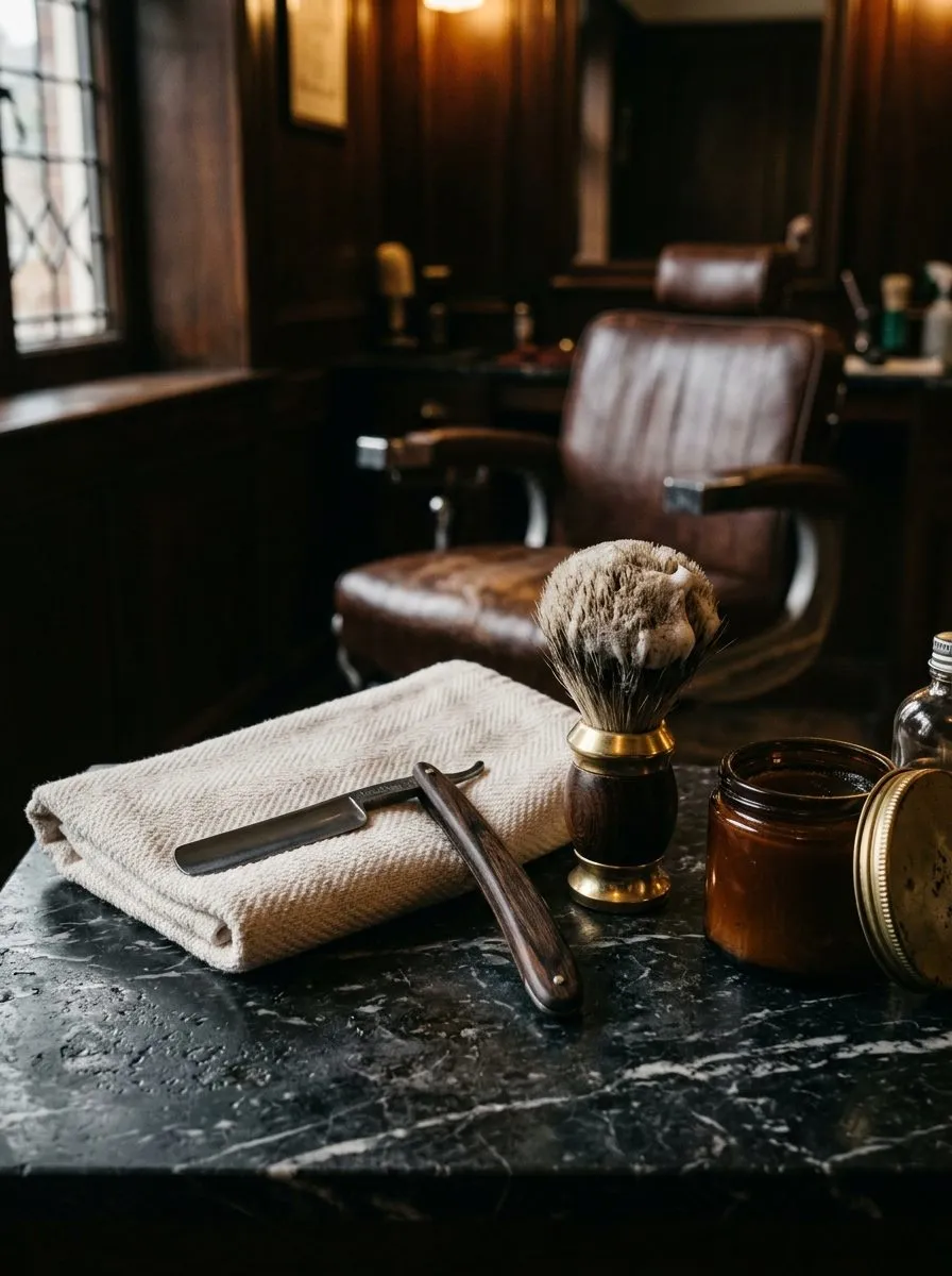 Still life of straight razor, badger brush, pomade and hot towel on dark marble