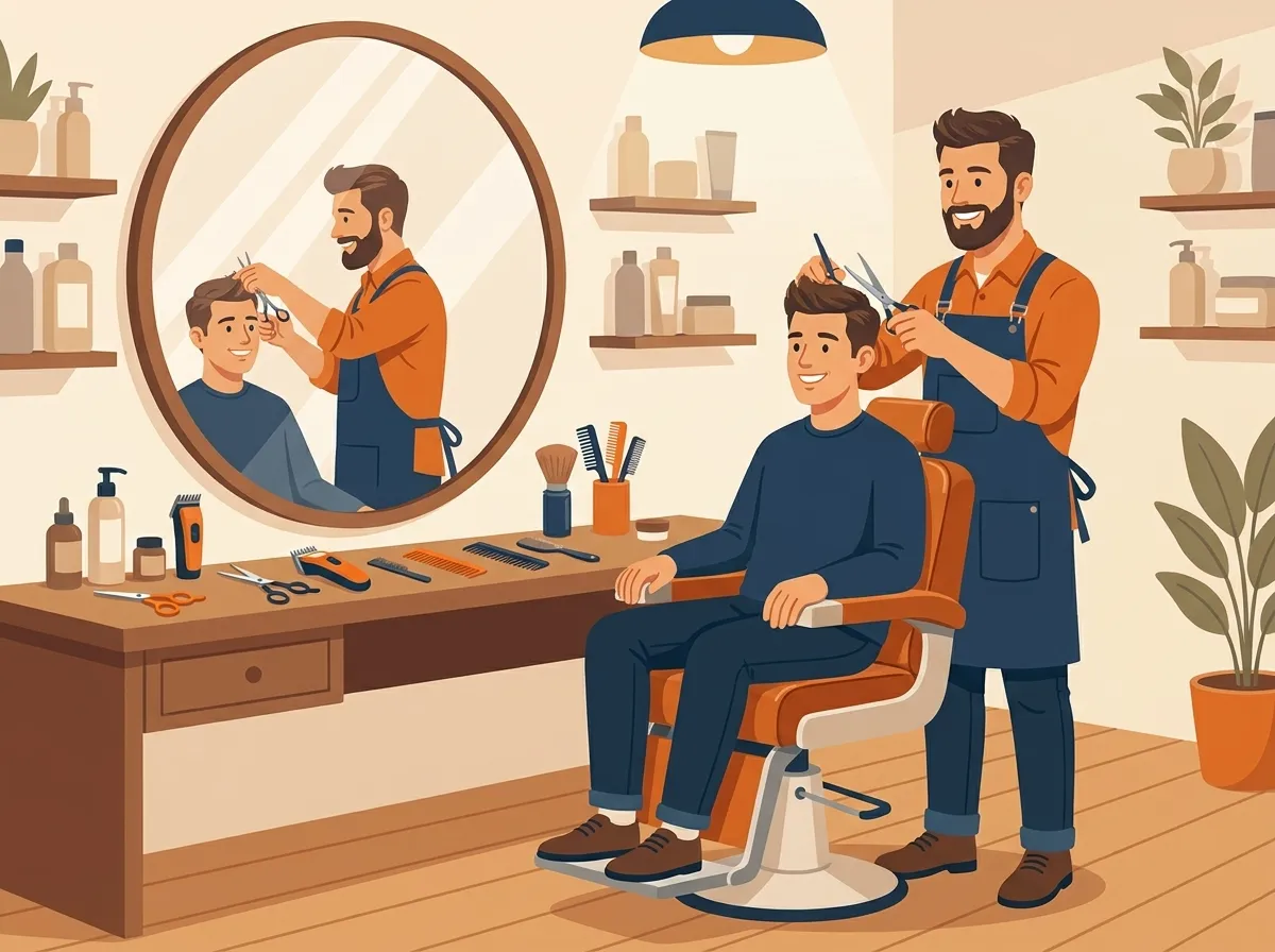Friendly barber giving a client a trim in a barber chair in front of a mirror
