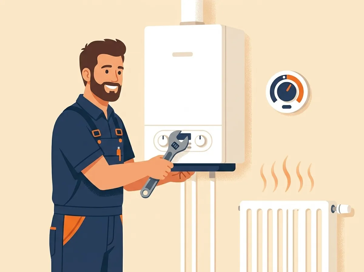 Friendly heating engineer servicing a wall-mounted boiler beside a warm radiator and thermostat