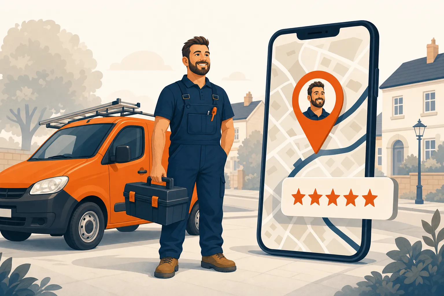 Smiling tradesman with his orange van, found by a local customer on a phone map with a five-star rating