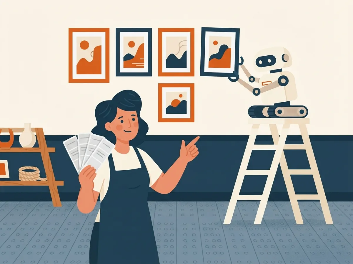 Robot hanging a set of perfectly matching brand images on a business wall