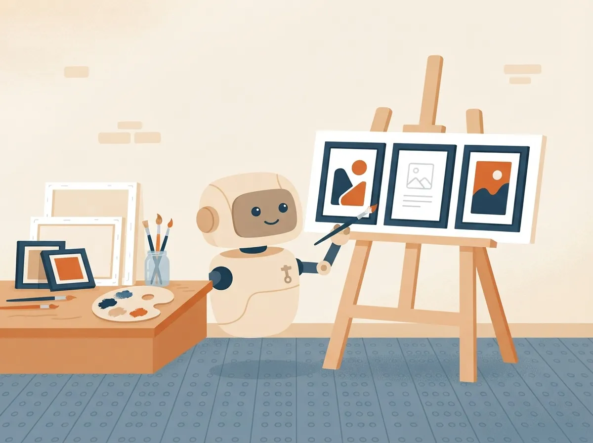Artist robot painting a set of matching brand images for a small business
