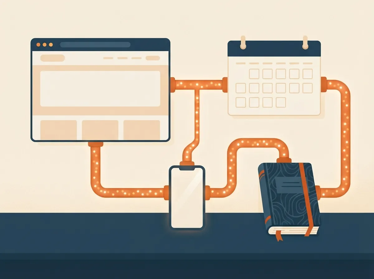 Pipes and cables neatly connecting a website, calendar, phone and filing cabinet
