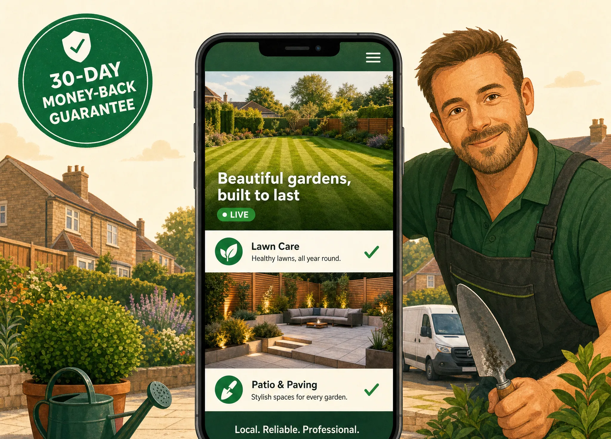 Friendly landscaper holding up a phone showing a new website with a big call button and a 30-day money-back guarantee badge