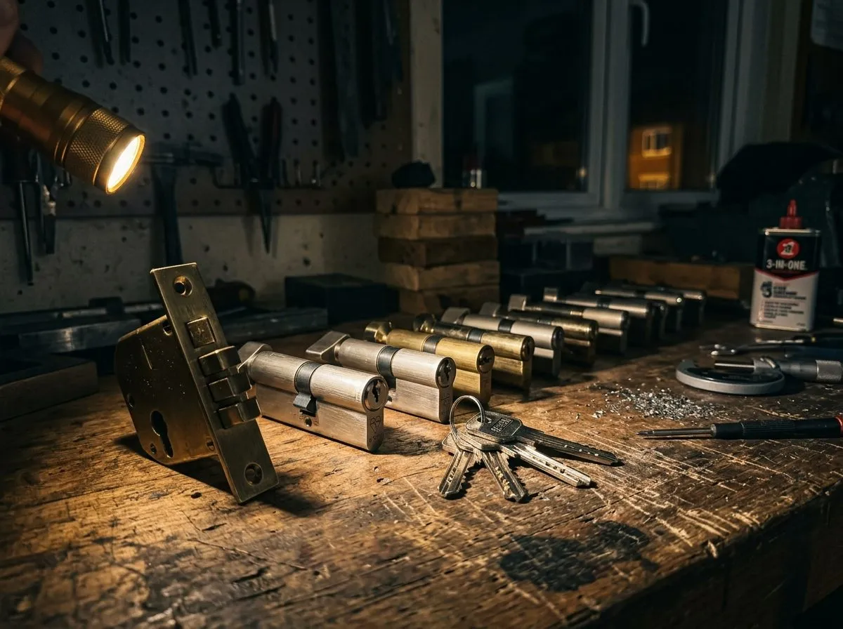 A row of British Standard locks and anti-snap euro cylinders laid out on a workbench