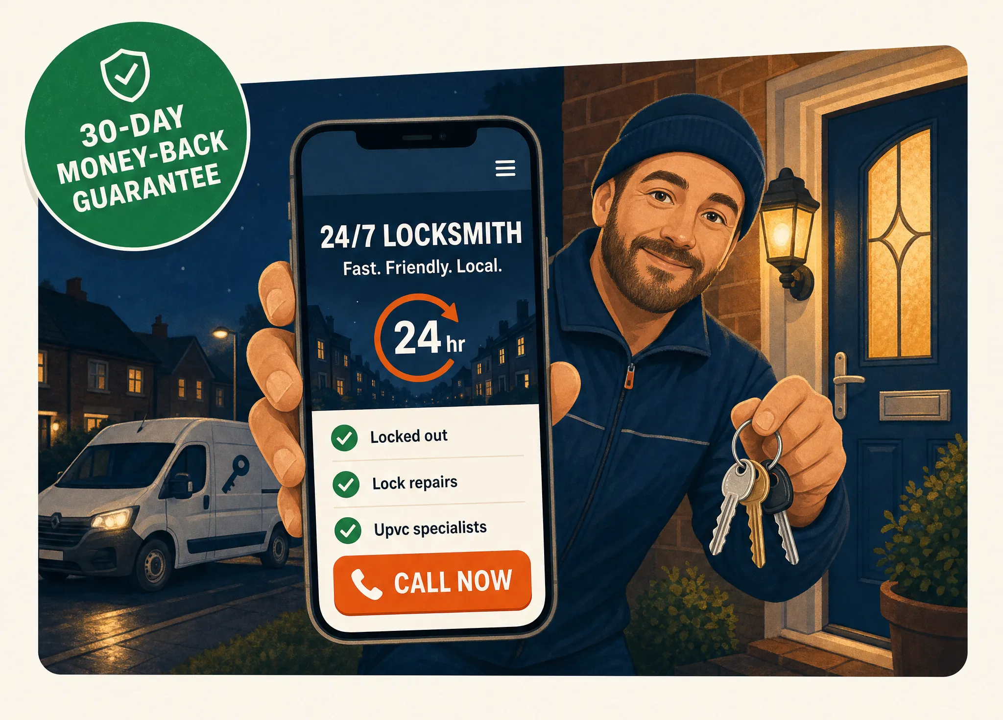 Friendly locksmith holding up a phone showing a new website with a big call button and a 30-day money-back guarantee badge