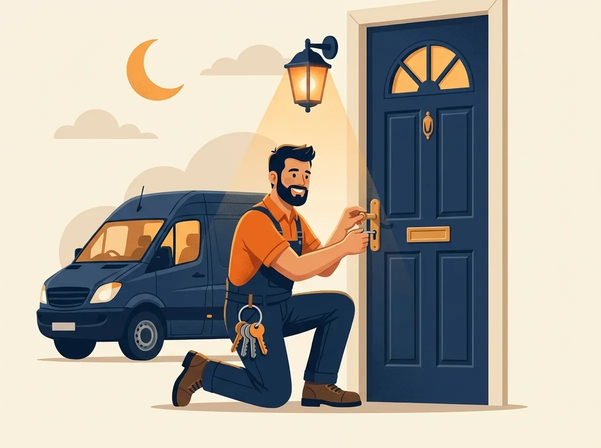 Friendly locksmith fitting a new lock on a front door at night under a porch light