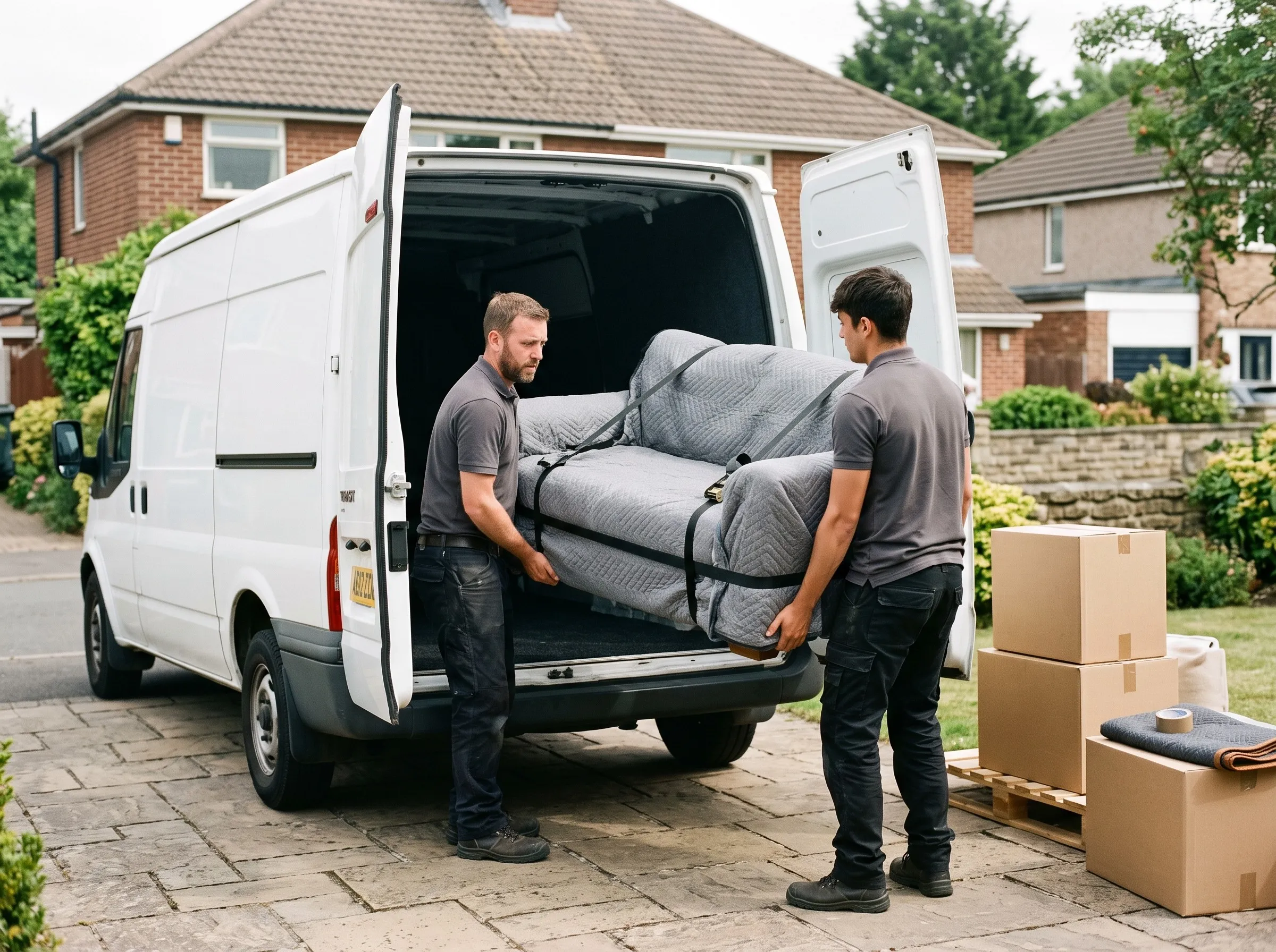 Two QuickHaul movers carefully strapping a wrapped sofa into the back of the van