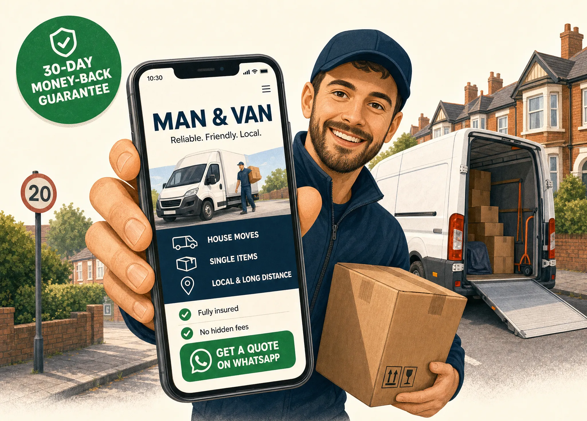 Friendly man & van holding up a phone showing a new website with a big call button and a 30-day money-back guarantee badge