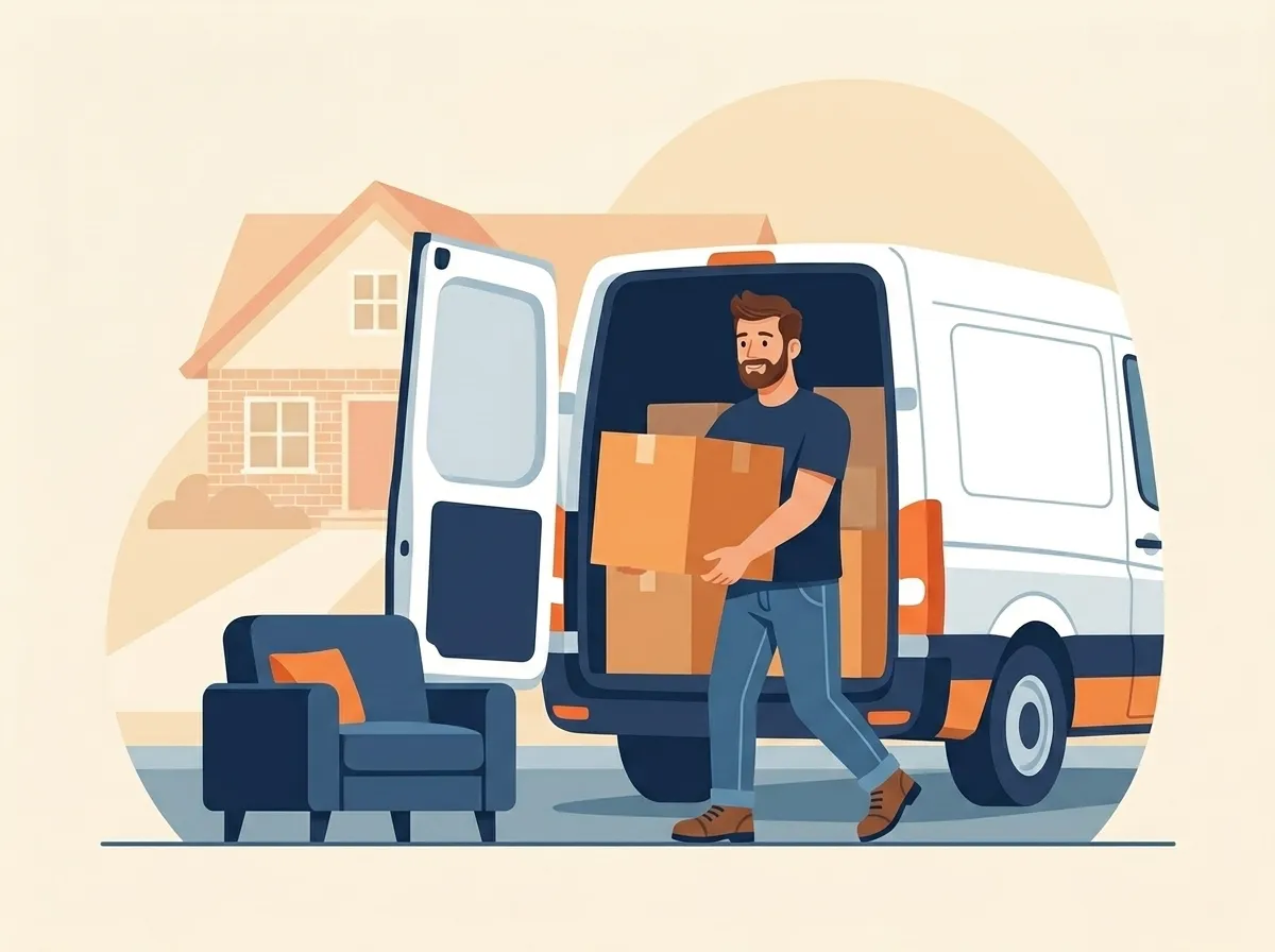 Friendly man and van driver loading a cardboard box and a sofa into a white van outside a house