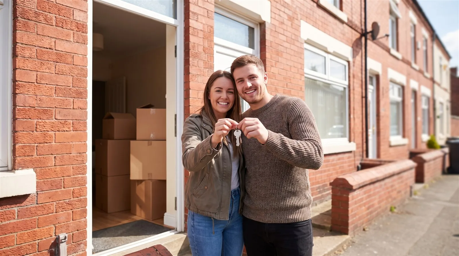 A happy young couple holding their new keys outside a red-brick terraced house