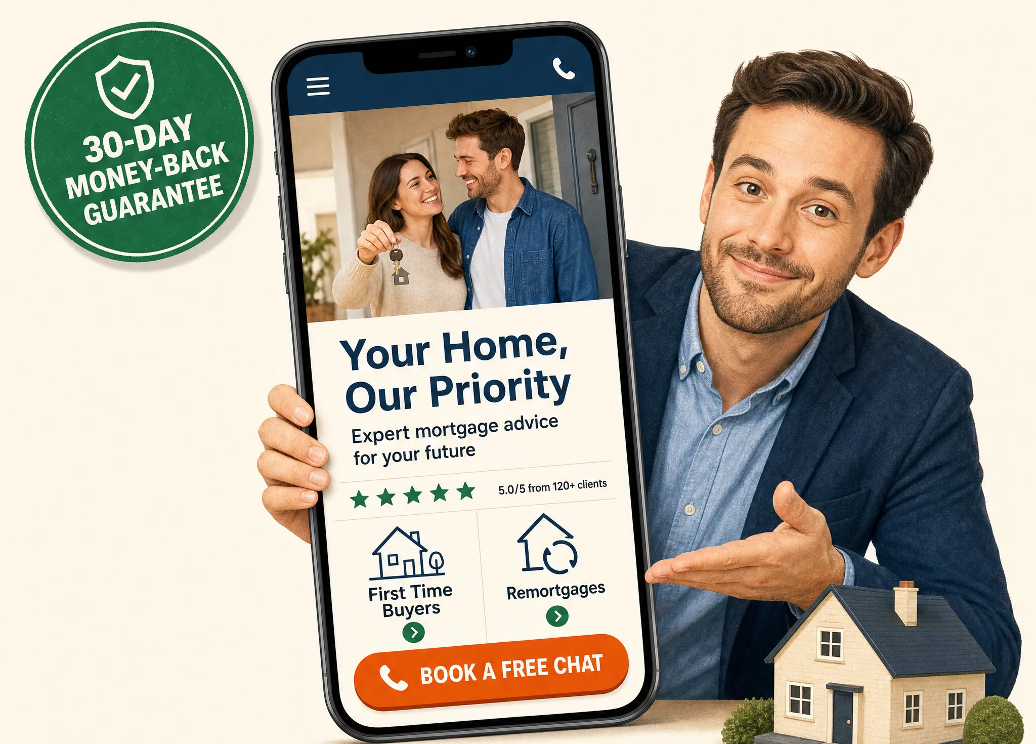 Friendly mortgage broker holding up a phone showing a new website with a big call button and a 30-day money-back guarantee badge