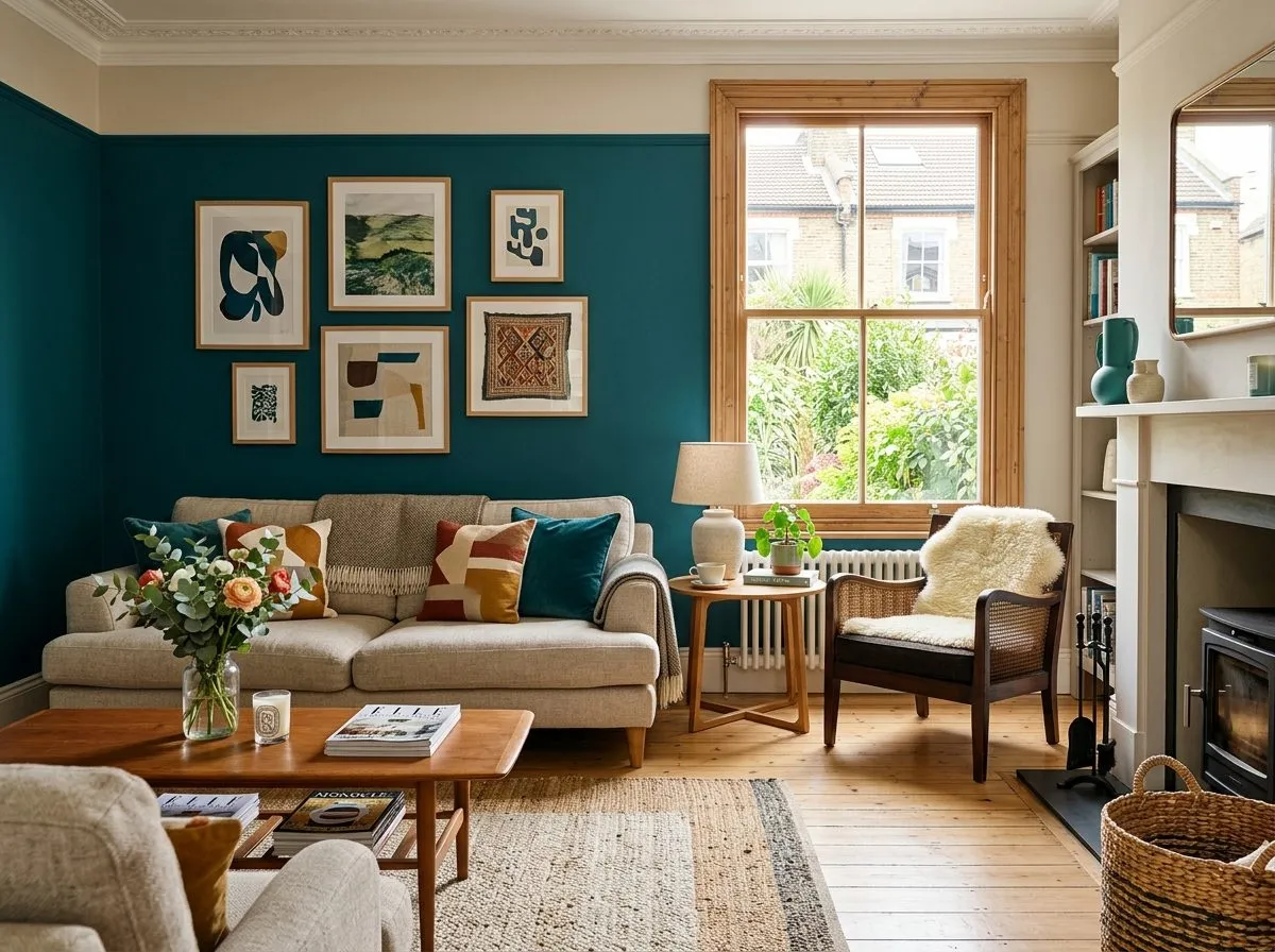 A styled living room freshly decorated in warm neutrals with a teal feature wall