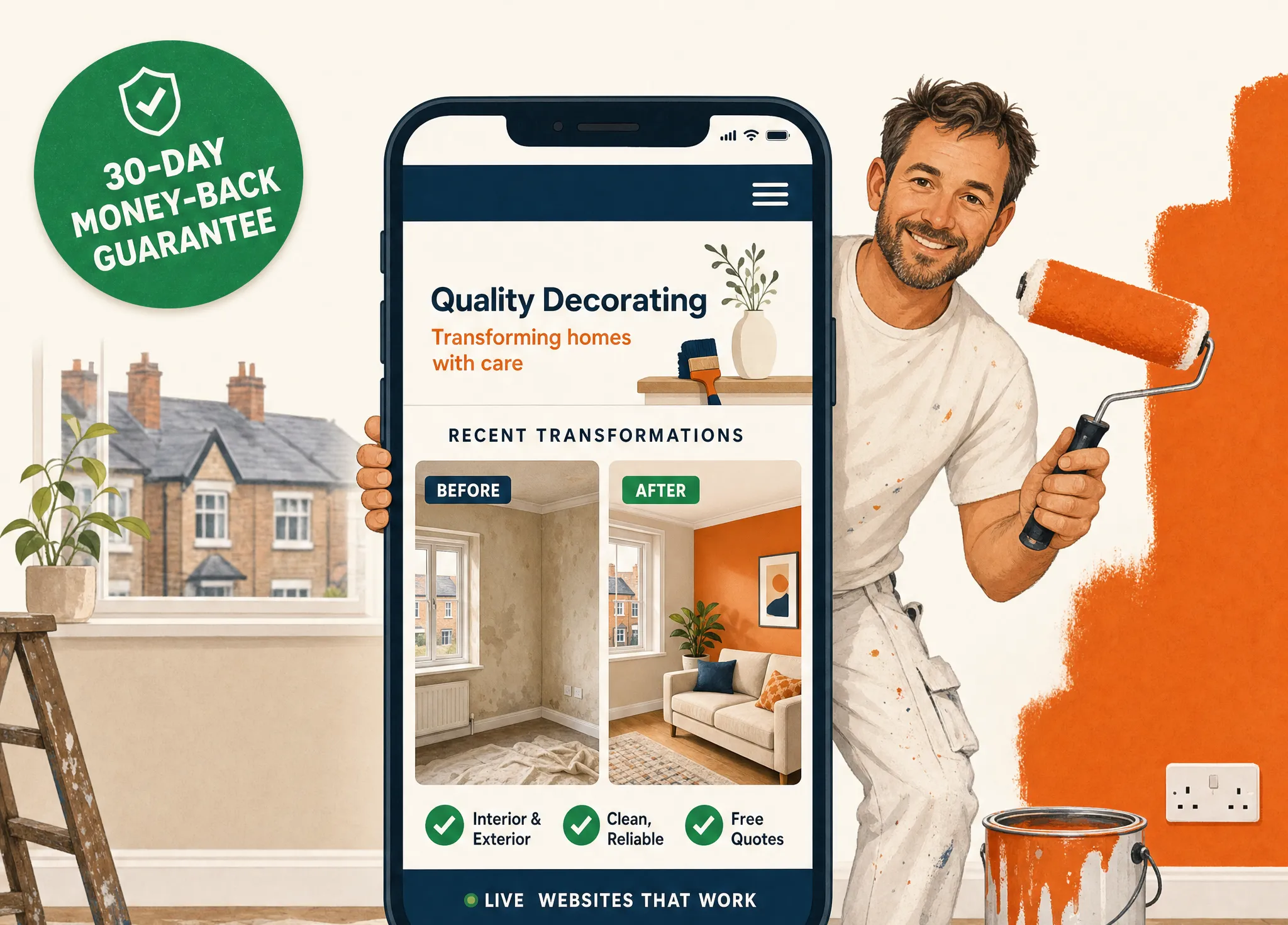 Friendly painter & decorator holding up a phone showing a new website with a big call button and a 30-day money-back guarantee badge