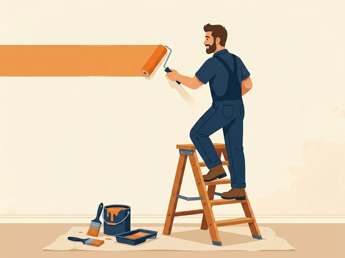 Friendly decorator on a step ladder rolling a crisp band of orange paint onto a wall