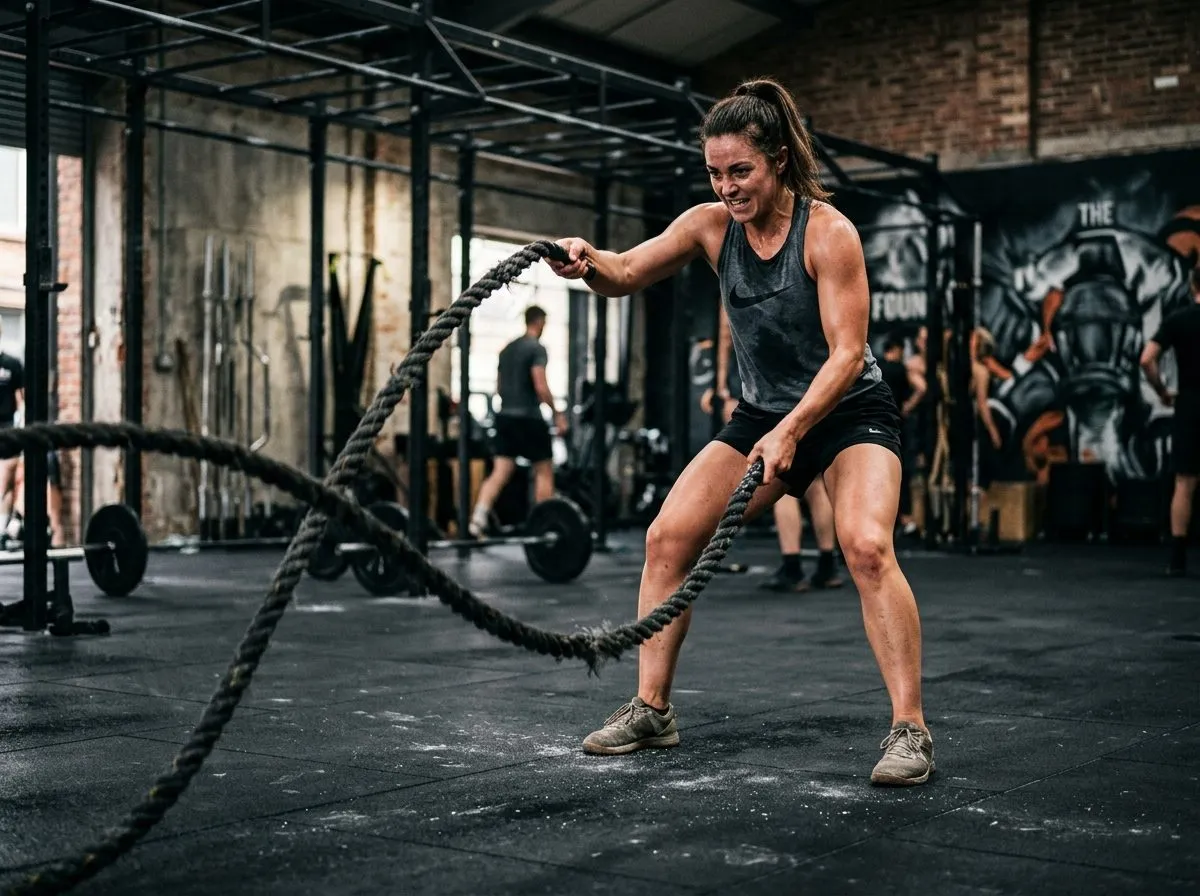Client driving heavy battle ropes during a conditioning finisher