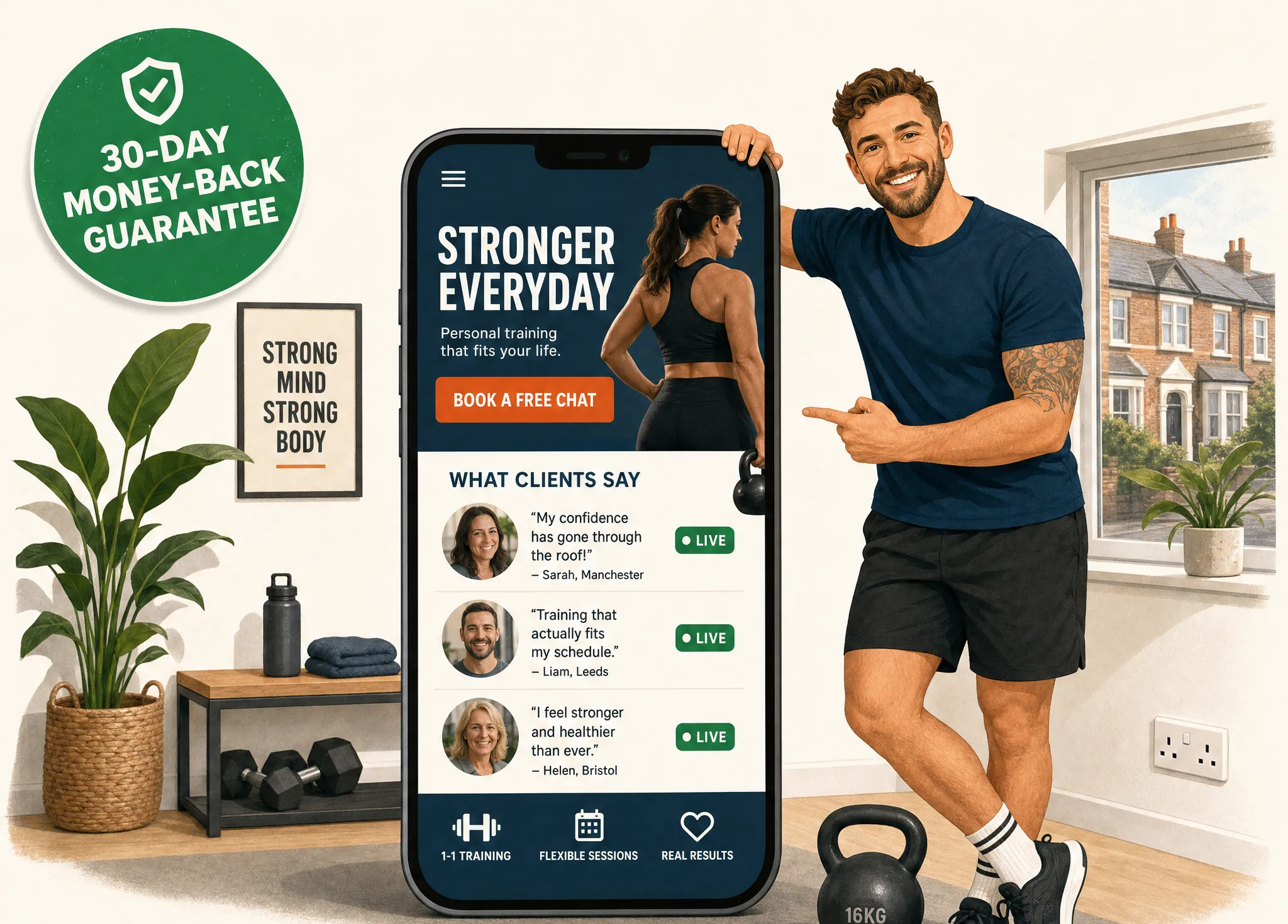 Friendly personal trainer holding up a phone showing a new website with a big call button and a 30-day money-back guarantee badge