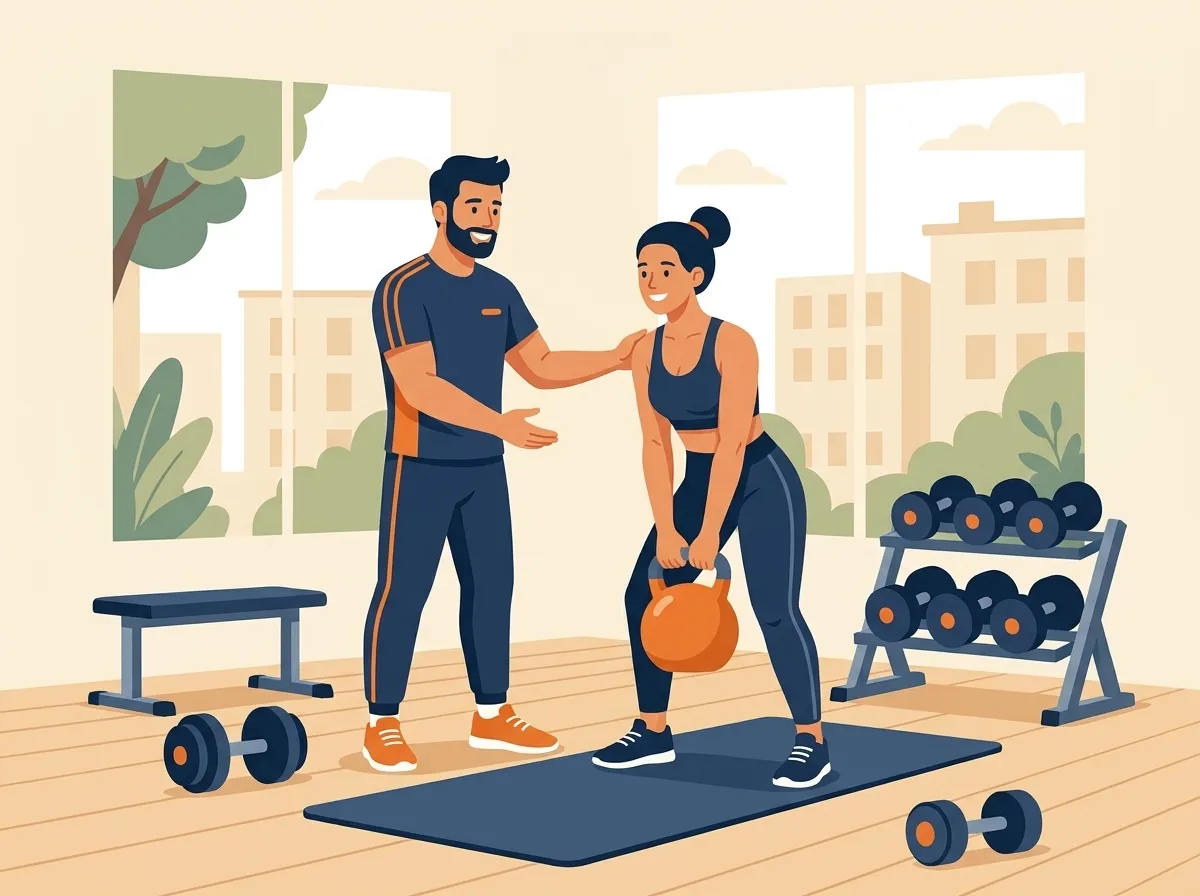 Friendly personal trainer coaching a client through a kettlebell workout in a small gym