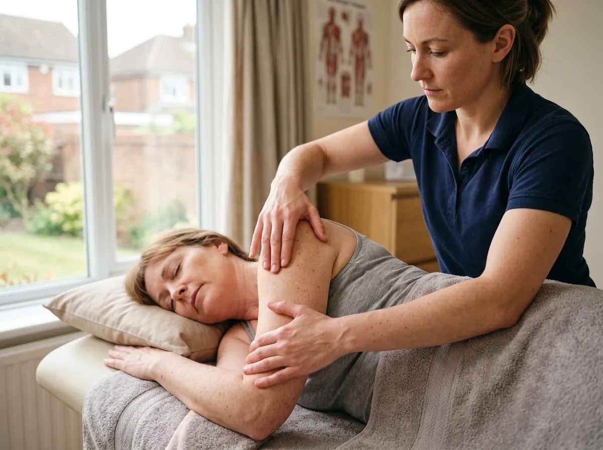 Close-up of a physiotherapist's hands applying careful manual therapy to a patient's shoulder