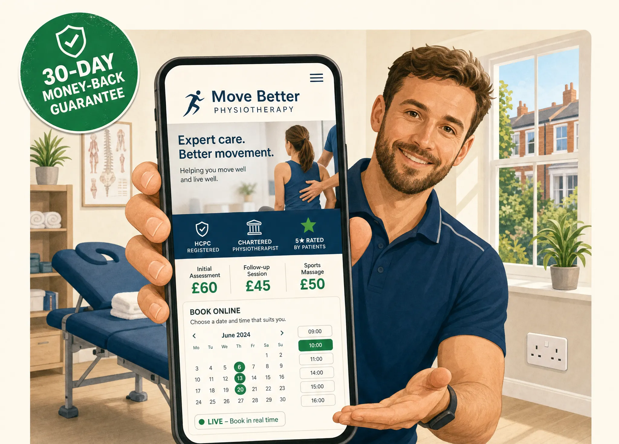Friendly physiotherapist holding up a phone showing a new website with a big call button and a 30-day money-back guarantee badge