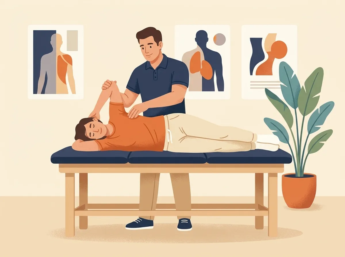 Friendly physiotherapist helping a patient with a shoulder stretch on a treatment table