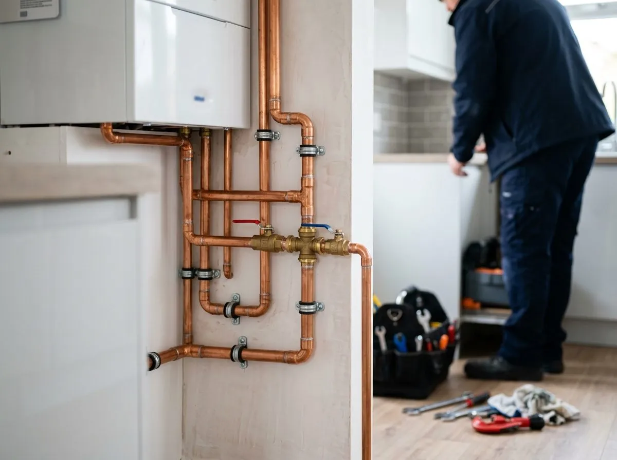 Close up of neat copper pipework installed by a Rapid Flow engineer