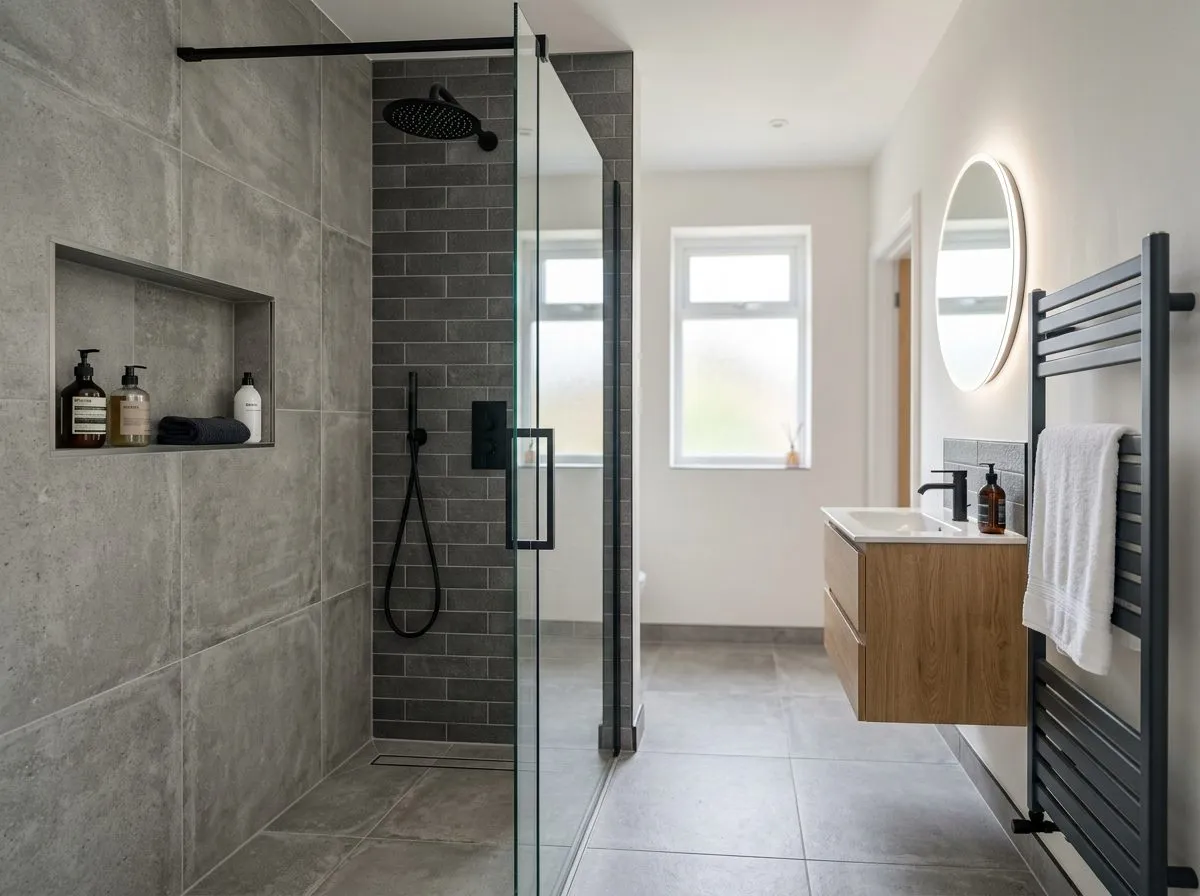 Finished modern bathroom installation with walk in shower, fitted by Rapid Flow in Coventry