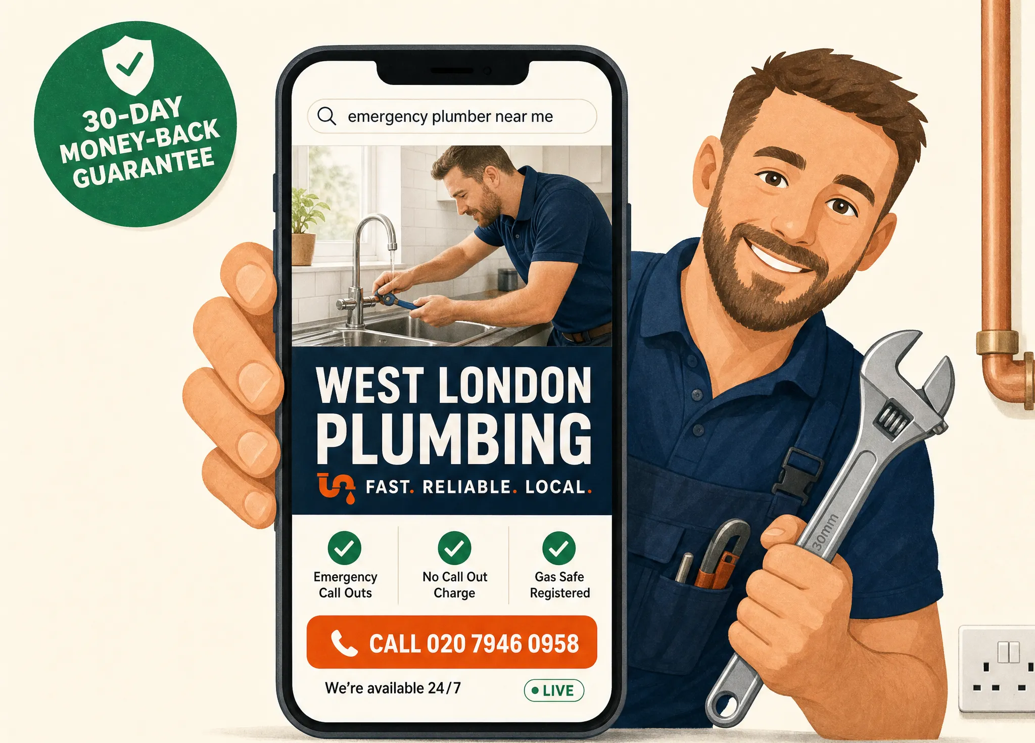 Friendly plumber holding up a phone showing a new website with a big call button and a 30-day money-back guarantee badge