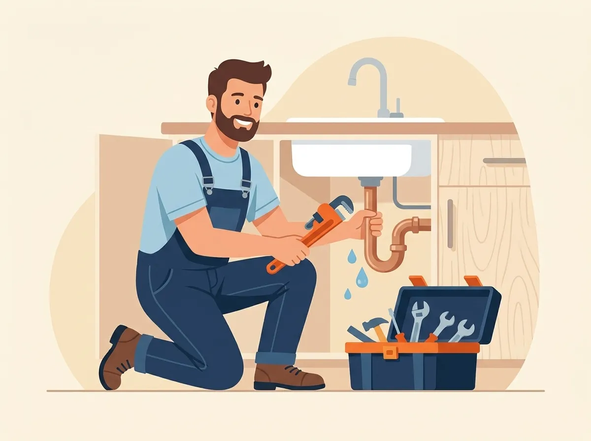 Friendly plumber fixing a copper pipe under a kitchen sink with a wrench