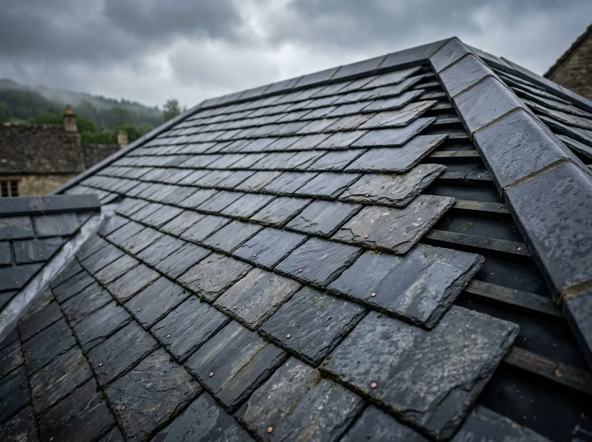 Close-up detail of neatly laid natural slate tiles on a finished Apex roof